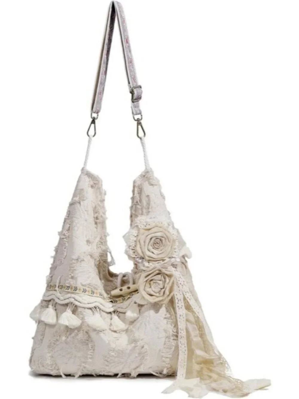 Boho Beige Fringe Hobo Bag Flower Accents Embroidered Guitar Strap Crossbody